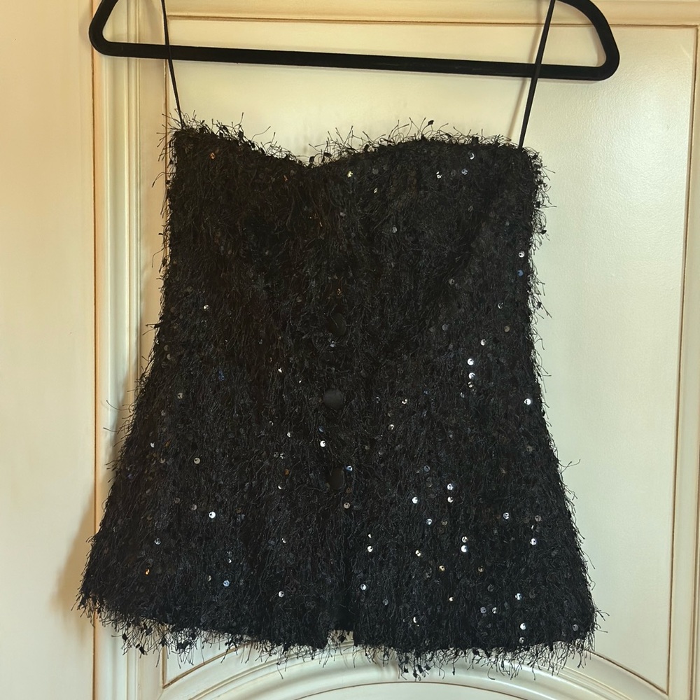 Black Sequin Strapless Top